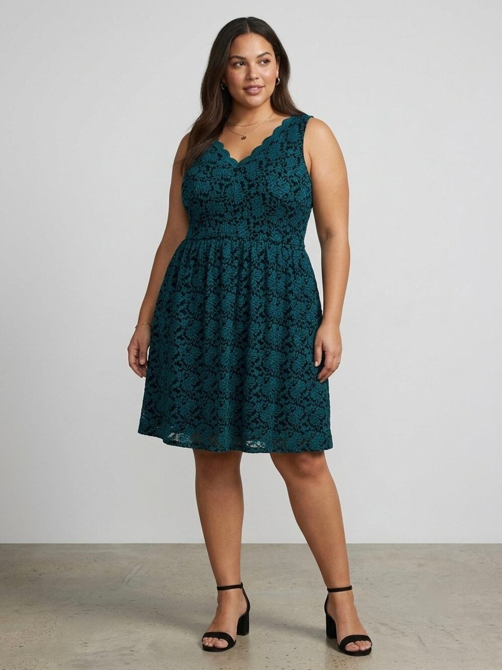 Whimsygoth Emerald Teal Floral Lace A-Line Dress Scalloped V-Neck Size 3X